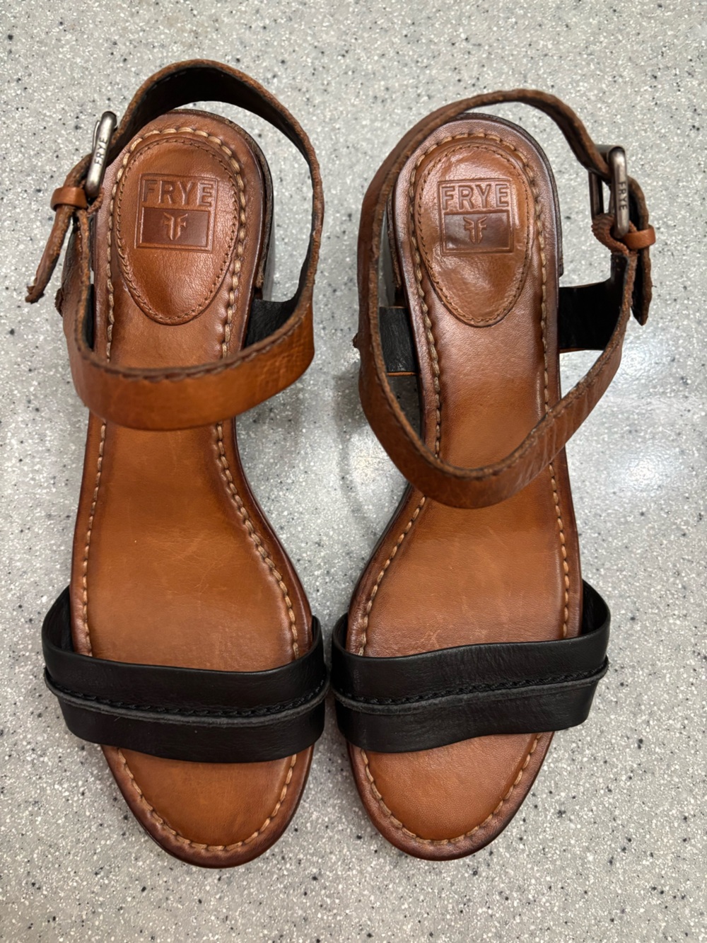 Frye Brown Leather Ankle-Strap Sandals with Black Toe Band